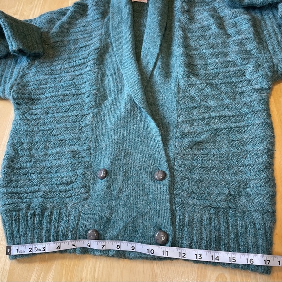 Vintage 80s Wool Blend Knit Double Breasted Shawl Collar Cardigan - Teal - Picture 11 of 13